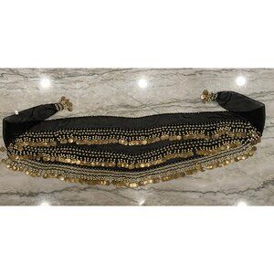 Chiffon belly dancer waist wrap. Black with gold colored embellishment, One Size